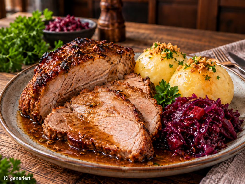 Schweinebraten mit Knödeln und Rotkohl