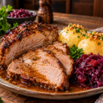 Schweinebraten mit Knödeln und Rotkohl Schweinebraten mit Knödeln und Rotkohl