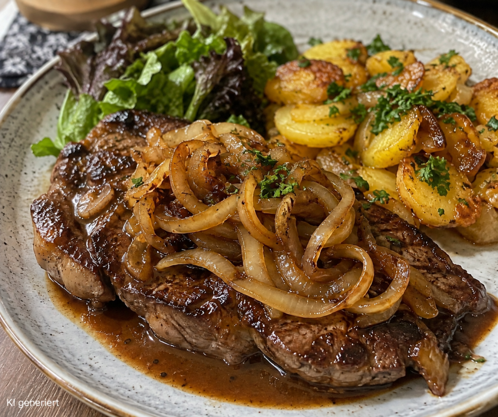 Schwäbischer Zwiebelrostbraten mit geschmälzten Zwiebeln, Bratkartoffeln und Salat