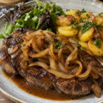 Schwäbischer Zwiebelrostbraten Schwäbischer Zwiebelrostbraten mit geschmälzten Zwiebeln, Bratkartoffeln und Salat