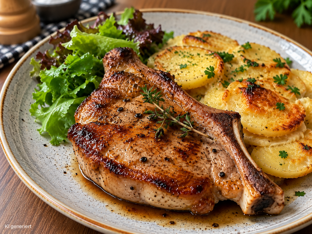 Saftig gebratenes Schweinekotelett mit Bratkartoffeln