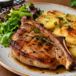 Saftiges Schweinekotelett Saftig gebratenes Schweinekotelett mit Bratkartoffeln